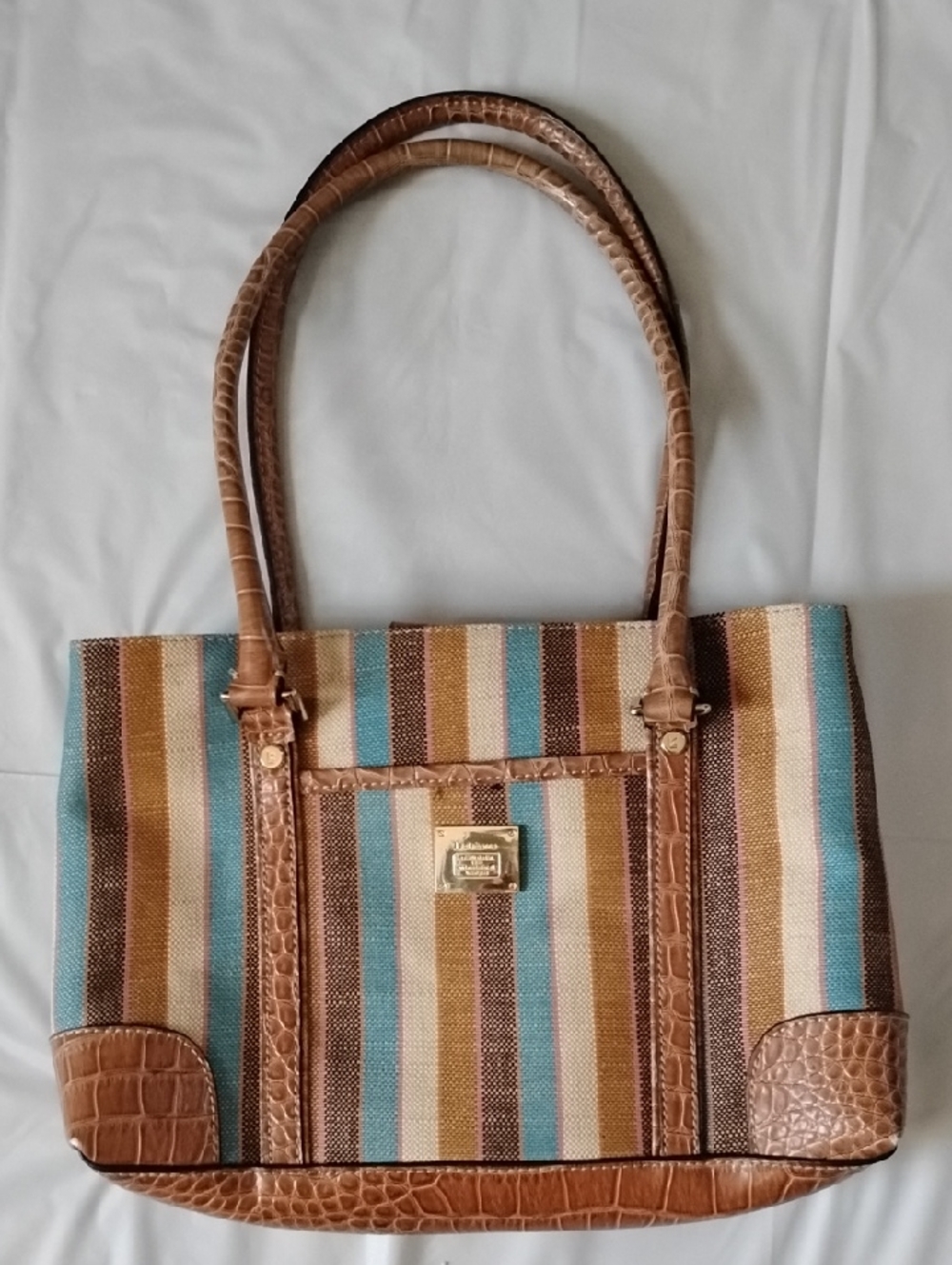 Liz Claiborne Striped Tote in Blue, Cream & Brown with Croc-Textured Trim